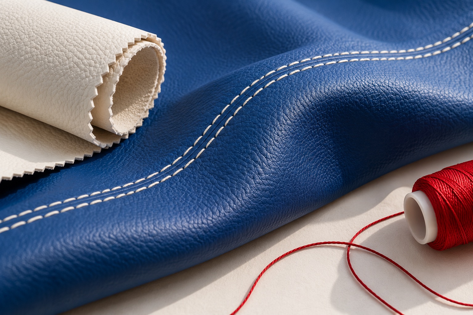 Illustrative study of blue stitched vinyl, an ivory swatch and red thread